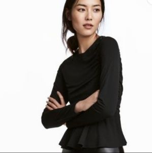 Black Draped Peplum Long Sleeve Top